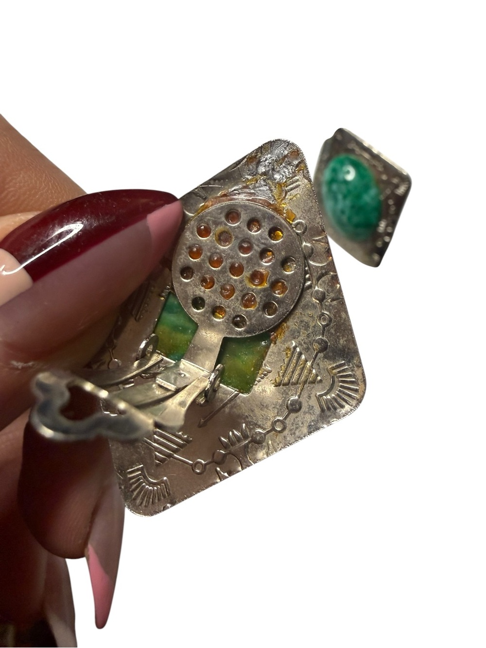 Vintage Southwestern Faux Jade Statement Clip Earrings Silver Tone Geometric - Picture 6 of 10